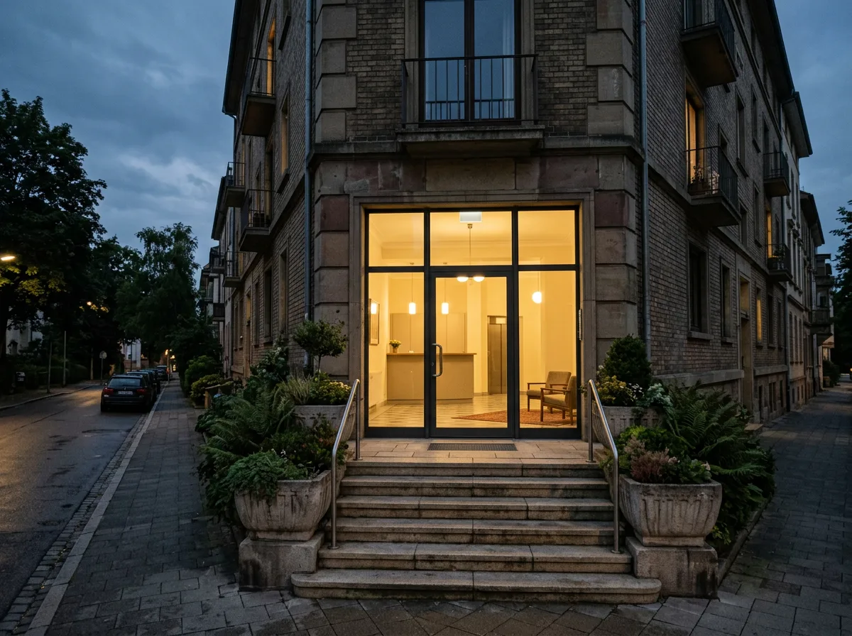Apartment building entrance in the early evening