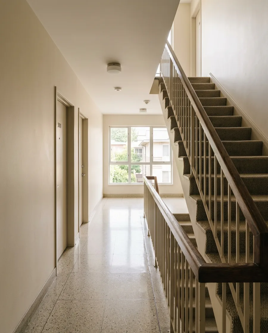A building manager reviewing maintenance work in a hallway